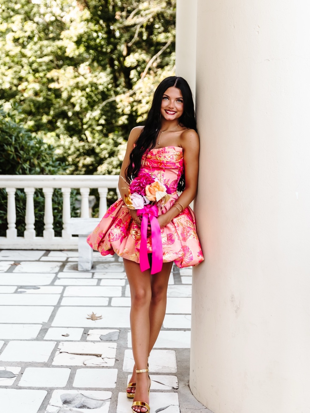 Girls' Strapless Floral Party Dress in Pink and Gold
